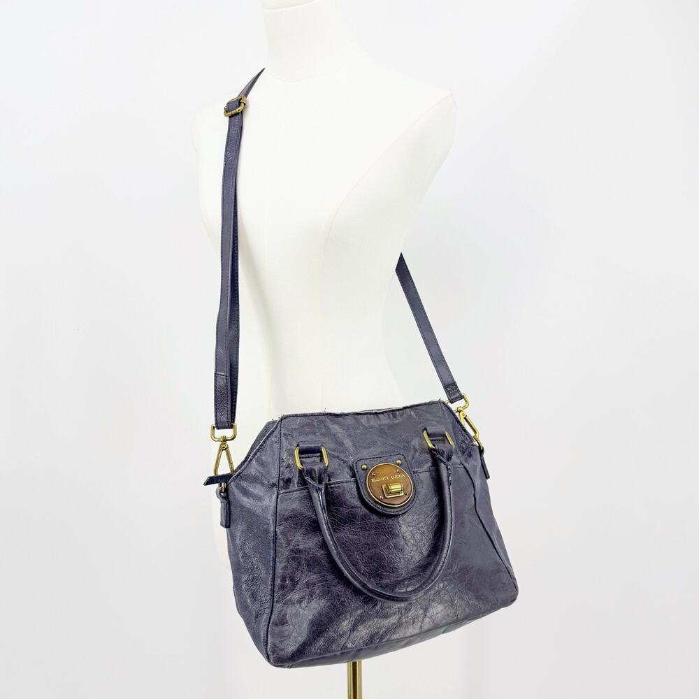Elliott Lucca Navy Blue Leather Satchel Crossbody Shoulder Bag Gold Hardware